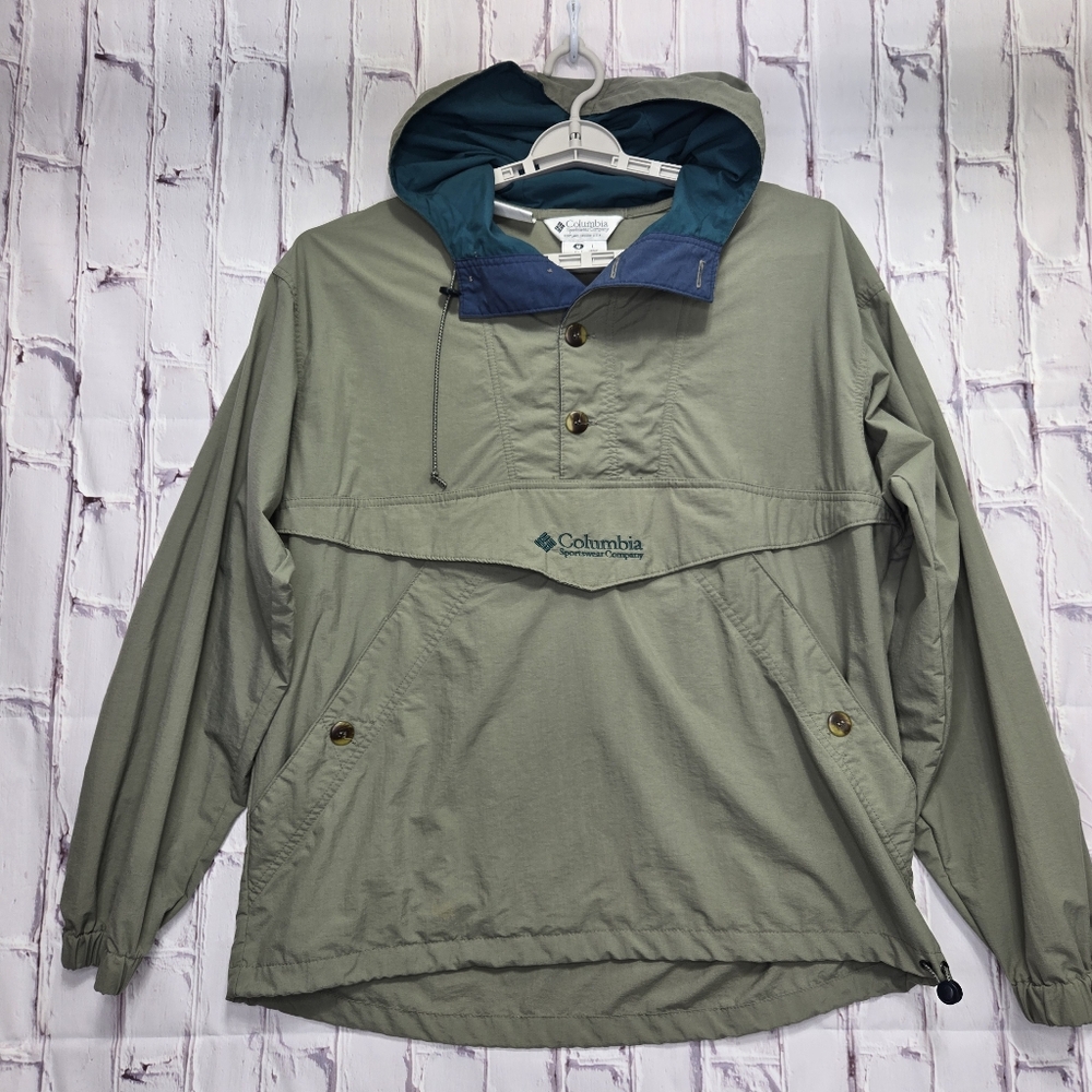 Vintage Columbia Sportswear Windbreaker Green Hooded Pullover Jacket Mens Size L